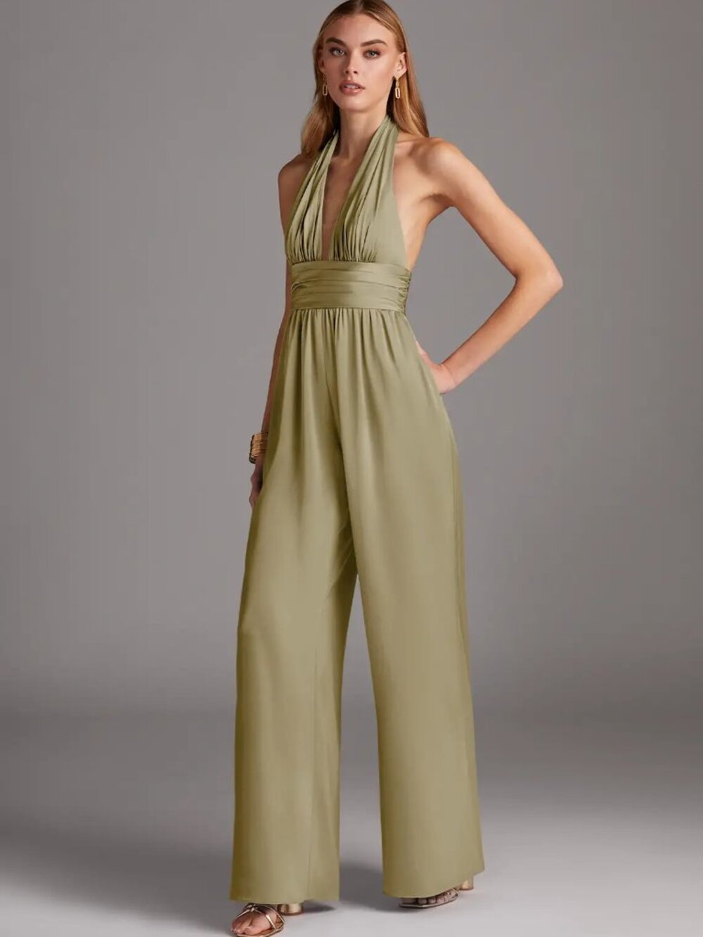 Azazie Sleeveless V-Neck Olive Green Jumper/ Pants Suit